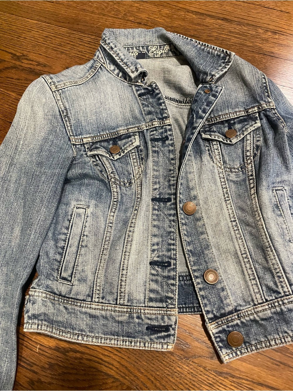American Eagle Outfitters Light Blue Denim Jacket with Embroidered Logo